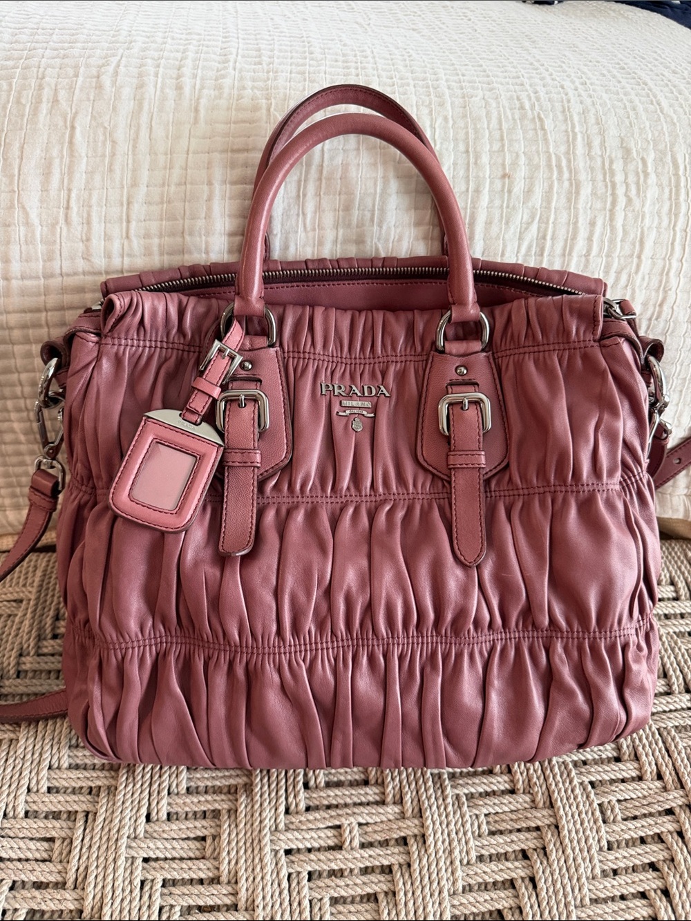 Authentic Prada BN1336 Nappa Gaufre Leather 2-Way Tote Bag – Antico Pink